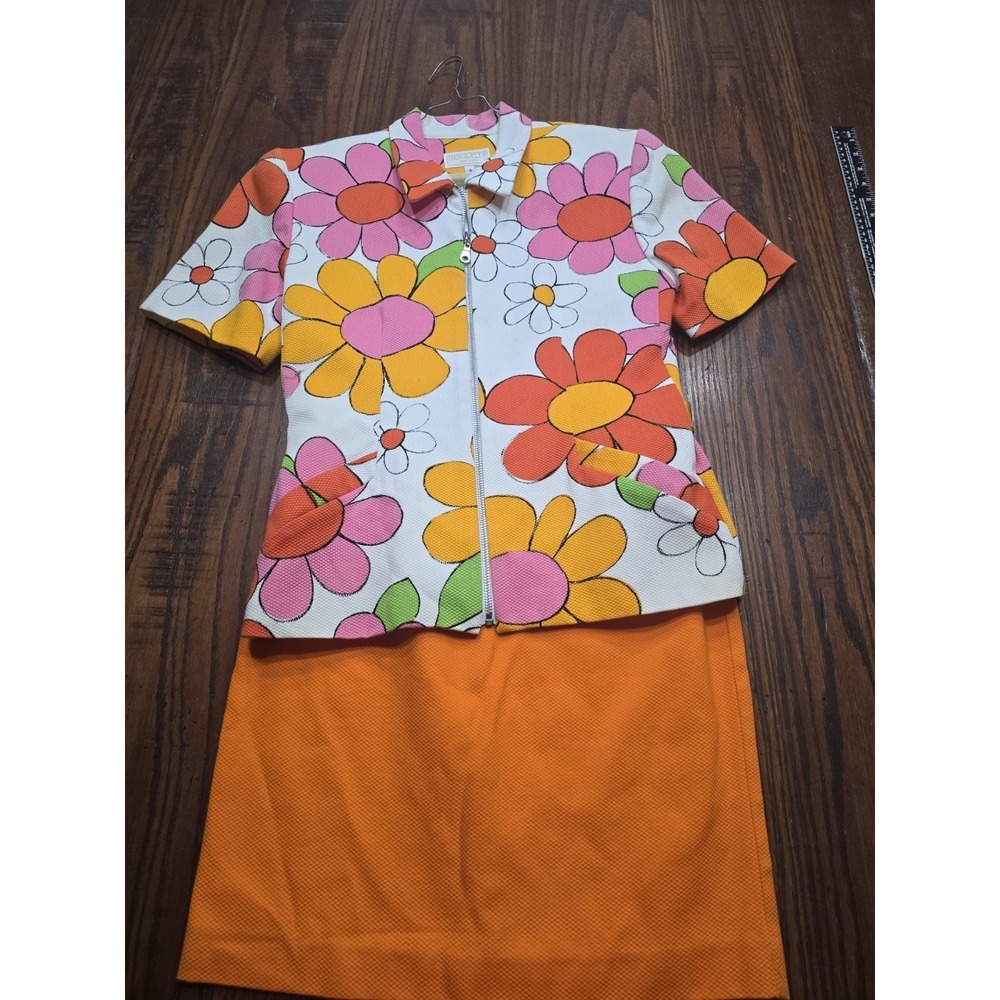 Ben & Elle New York Floral Skirt Set Women's 8 Orange Pink Mod 60s Style Zip Top